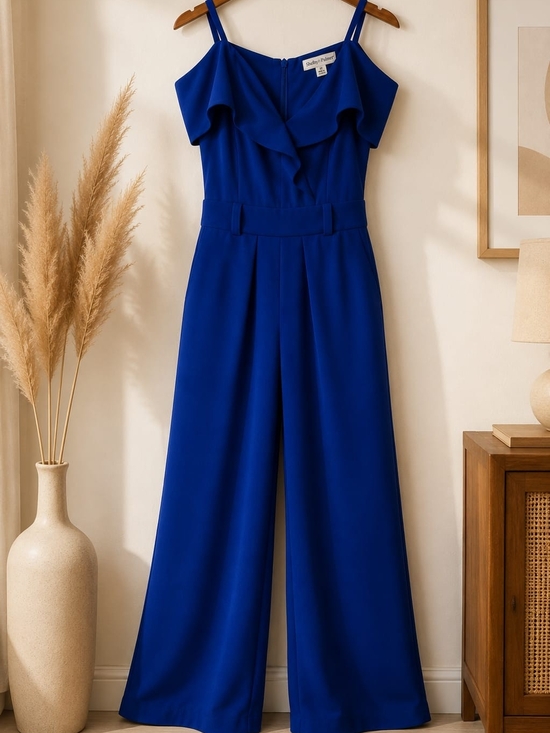 Paper Source Pants - Paper Source Cobalt Blue Ruffle-Front Wide-Leg Jumpsuit